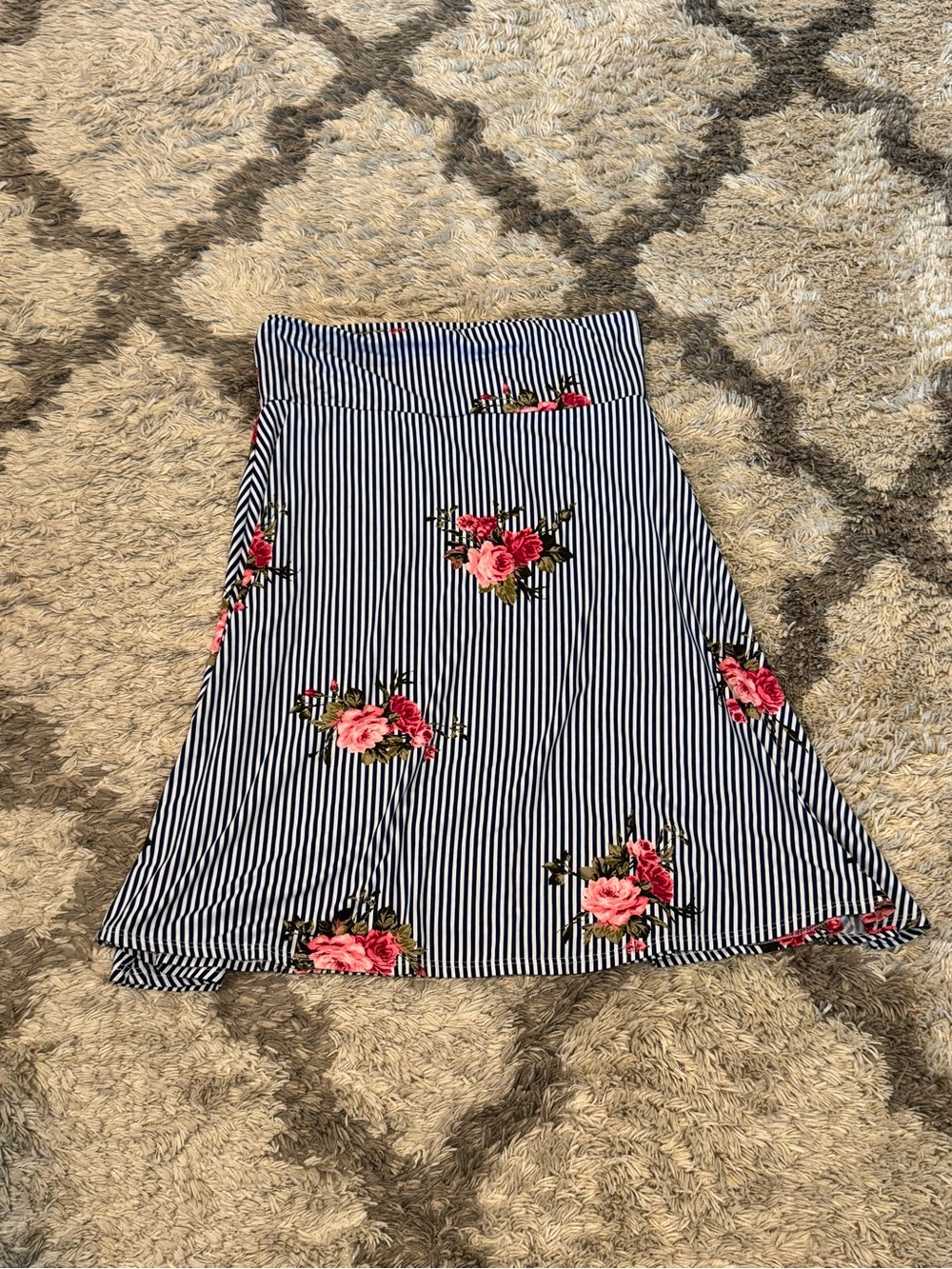 LuLaRoe Navy & White Striped A-Line Skirt with Pink Floral Accents